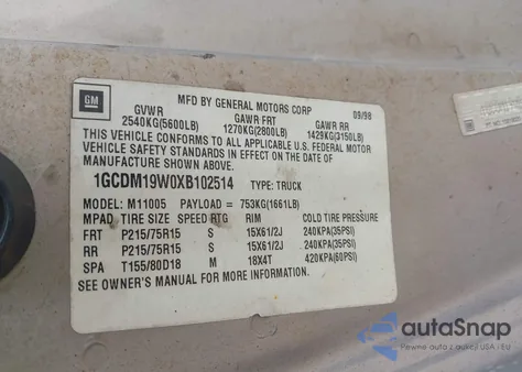 1999 Chevrolet Astro из США, поврежденный, VIN 1GCDM19W0XB102514